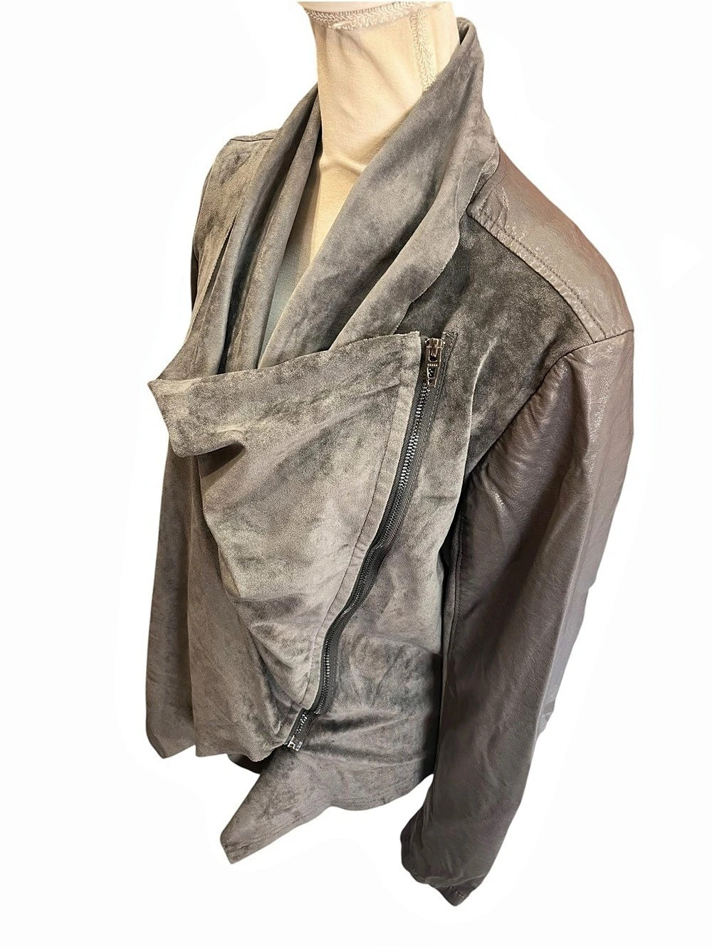 BLANKNYC Gray Faux Suede Leather Drape Front Moto Jacket Medium Asymmetrical - Picture 6 of 14